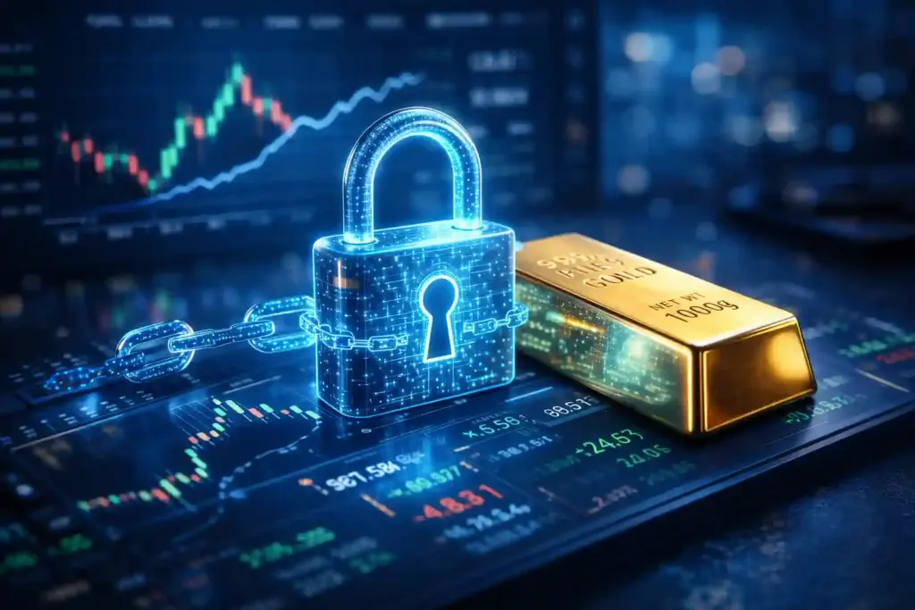 Ultra-realistic 3D illustration of a glowing digital padlock securing a gold bar and stock market ticker on a blue trading floor interface.