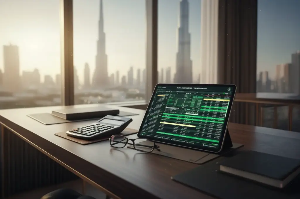 A digital tablet displaying a financial valuation model on a wooden desk with a calculator and glasses, overlooking the Dubai skyline and Burj Khalifa.