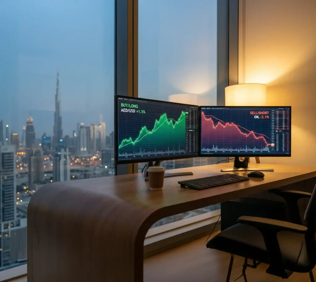 Modern trading desk in a Dubai high-rise office at dusk, featuring dual monitors displaying a green 'BUY/LONG AED/USD' chart and a red 'SELL/SHORT OIL' chart, with a view of the Burj Khalifa and city skyline.