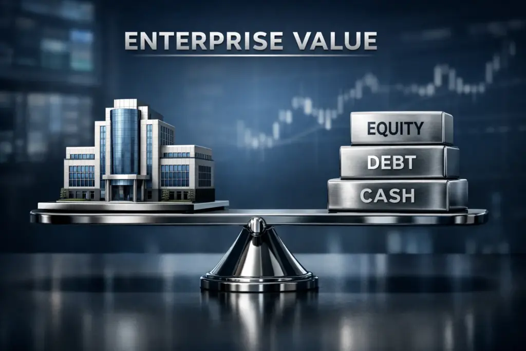 3D enterprise value infographic showing a balance scale with corporate building and stacked equity, debt, and cash blocks