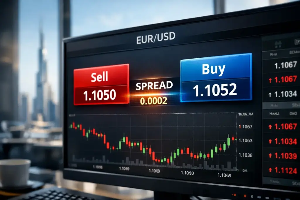 EUR/USD forex trading interface showing Sell price 1.1050, Buy price 1.1052 and spread highlighted on a professional trading screen in a Dubai office.