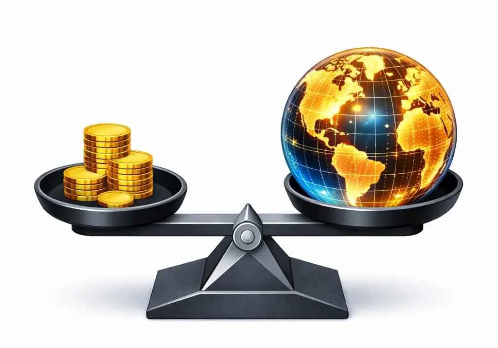 3D isometric illustration of a balance scale showing gold coins balancing a glowing globe representing global financial markets and leverage