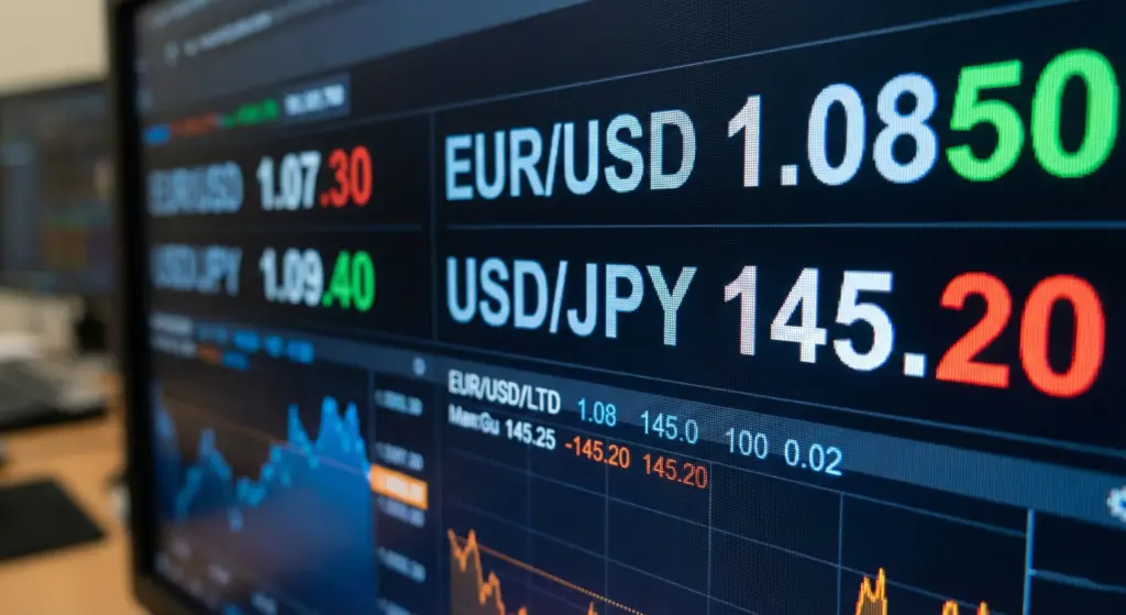 Photorealistic close-up of a professional forex trading screen displaying EUR/USD at 1.0850 and USD/JPY at 145.20 with illuminated final digits indicating price movement.