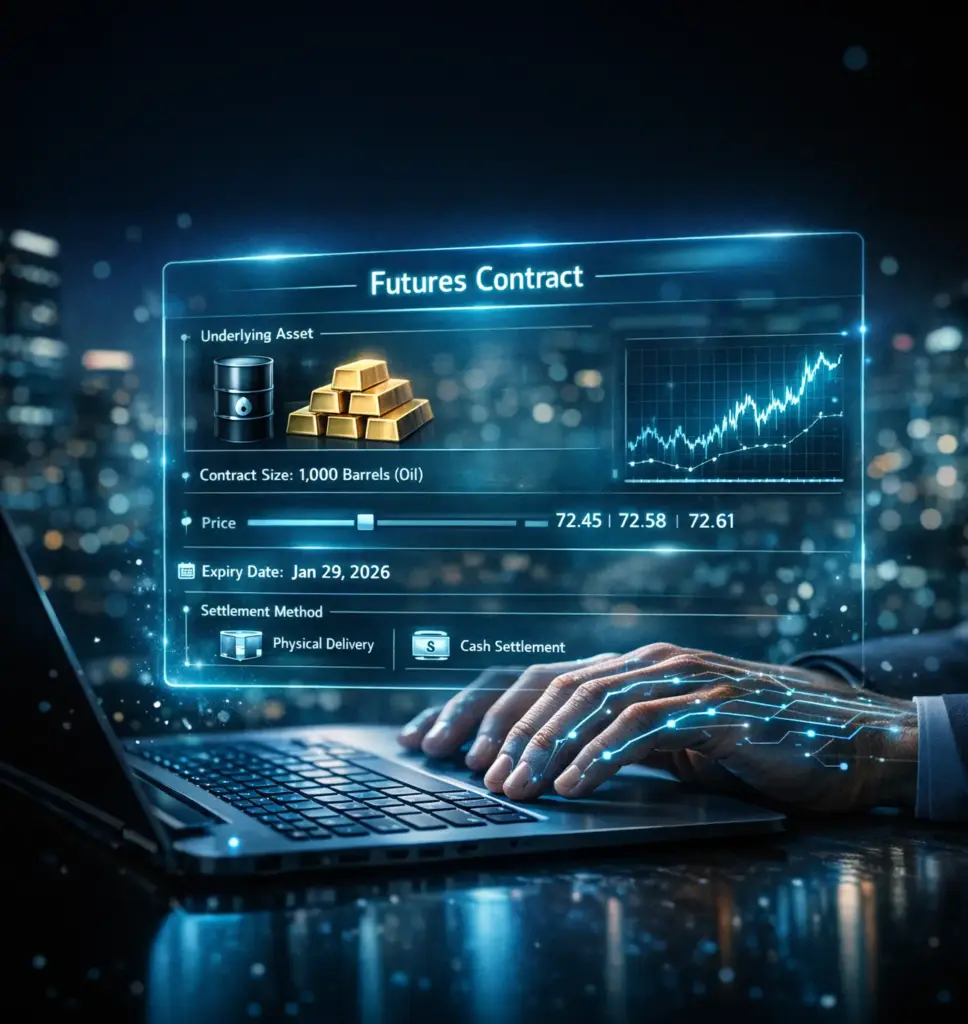 Ultra-realistic futures trading dashboard hologram displaying oil and gold contracts above a laptop, with AI-enhanced hands typing in a nighttime global financial district.