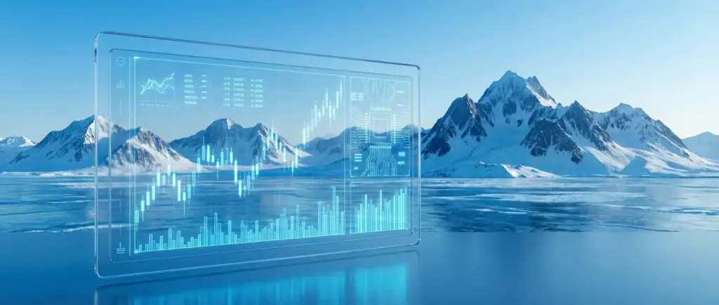A digital holographic glass screen displaying blue financial stock charts and semiconductor circuit patterns set against a bright, snow-capped Arctic mountain landscape.