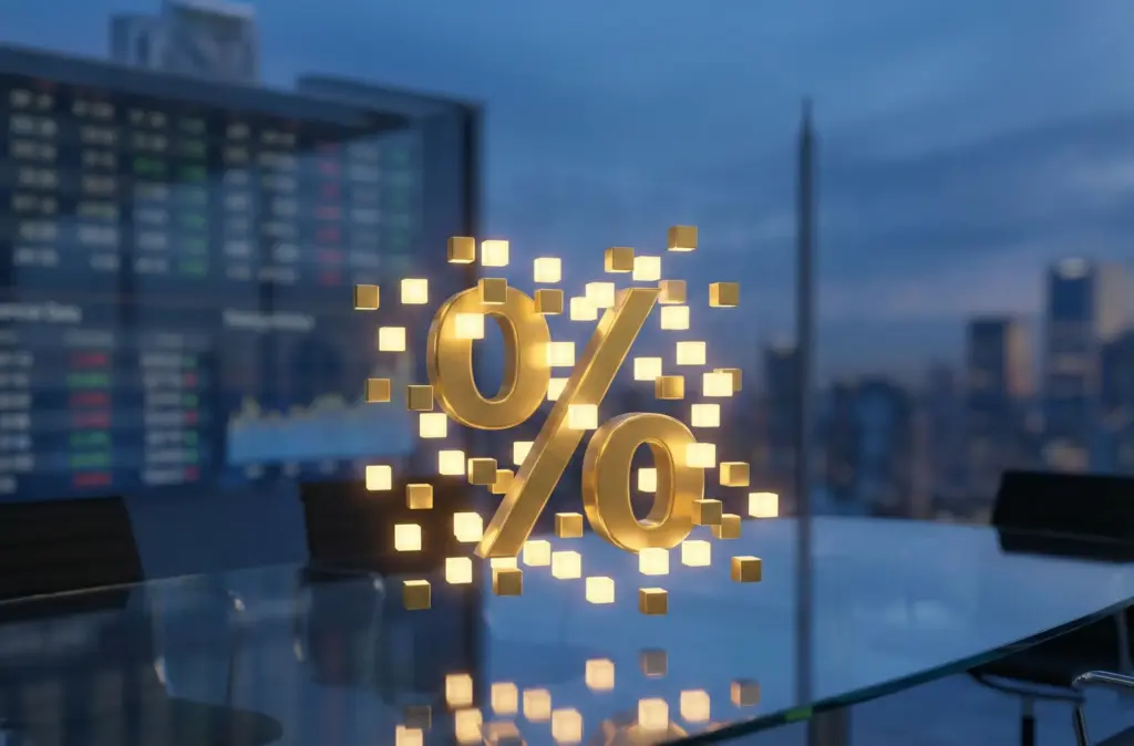 A 3D rendered golden percentage symbol surrounded by glowing cubes hovering over a glass conference table in a modern financial office with data screens in the background.