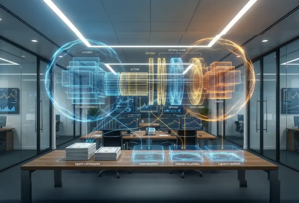 Holographic display of financial derivatives, futures, and options hovering above a trading desk with physical equity certificates and cash reserves