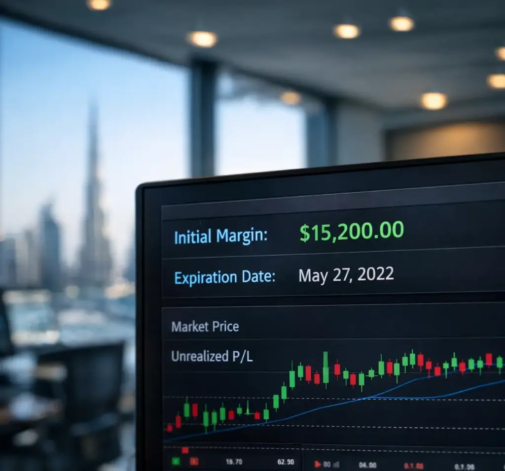 Photorealistic close-up of a dark-mode financial trading dashboard showing initial margin and expiration date with Dubai skyline in the background
