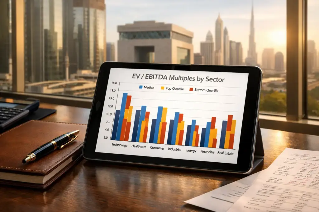 Photorealistic investor's desk with tablet showing EV/EBITDA sector comparison chart, leather notebook, luxury pen, and Dubai DIFC skyline in morning ligh