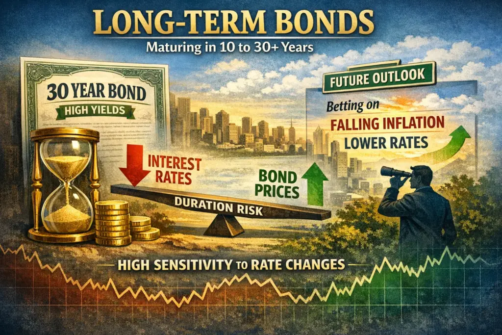 llustration explaining long-term bonds with 30-year maturity, high duration risk, interest rate sensitivity, and bond price changes linked to inflation trends.