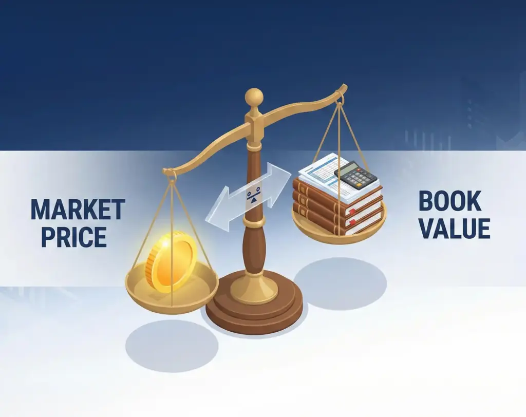 3D isometric infographic of a balance scale weighing a golden coin representing Market Price against a stack of accounting ledgers representing Book Value.
