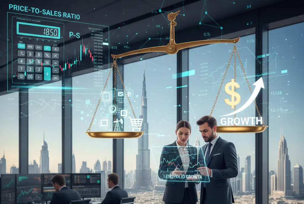A golden balance scale in a modern corporate office overlooking the Burj Khalifa. The scale tips heavily towards the right side, labeled "GROWTH" with a rising arrow and dollar sign. The left side features a holographic interface displaying a "PRICE-TO-SALES RATIO" of 18.50 alongside stock charts. Two business professionals analyze data on a tablet in the foreground.