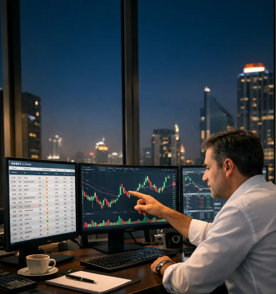 Professional trader in a Dubai office analyzing candlestick charts and an economic calendar on a triple-monitor trading setup.