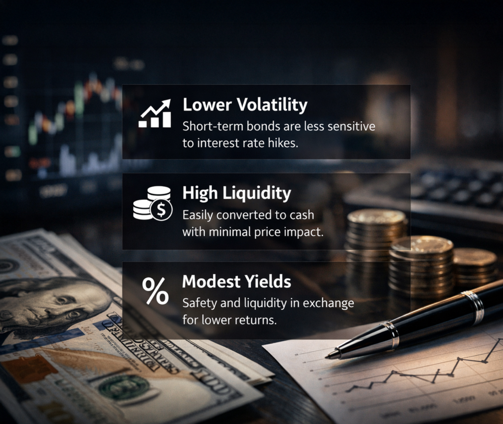 Ultra-realistic dark-themed financial image illustrating short-term bonds with low volatility, high liquidity, and modest yields.