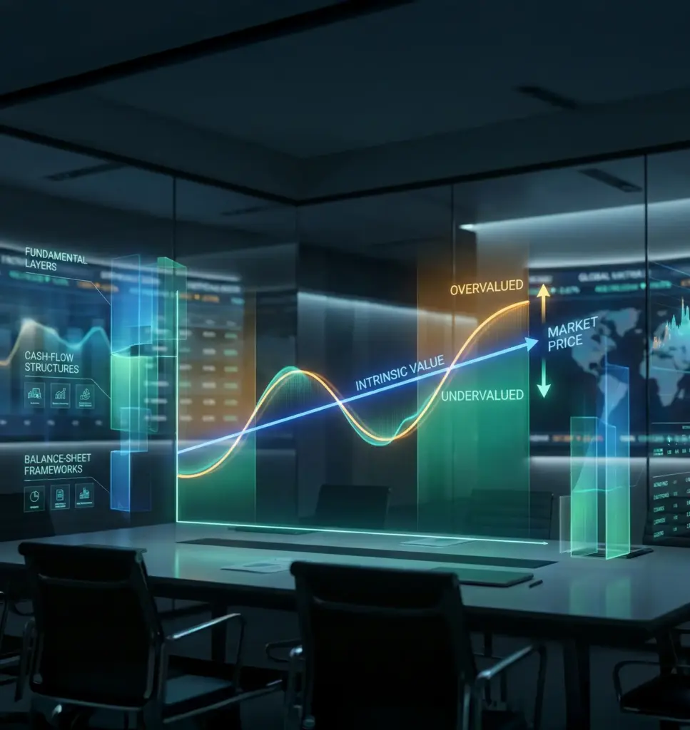 Futuristic financial desk featuring holographic stock valuation charts and intrinsic value analysis curves against a modern global market background