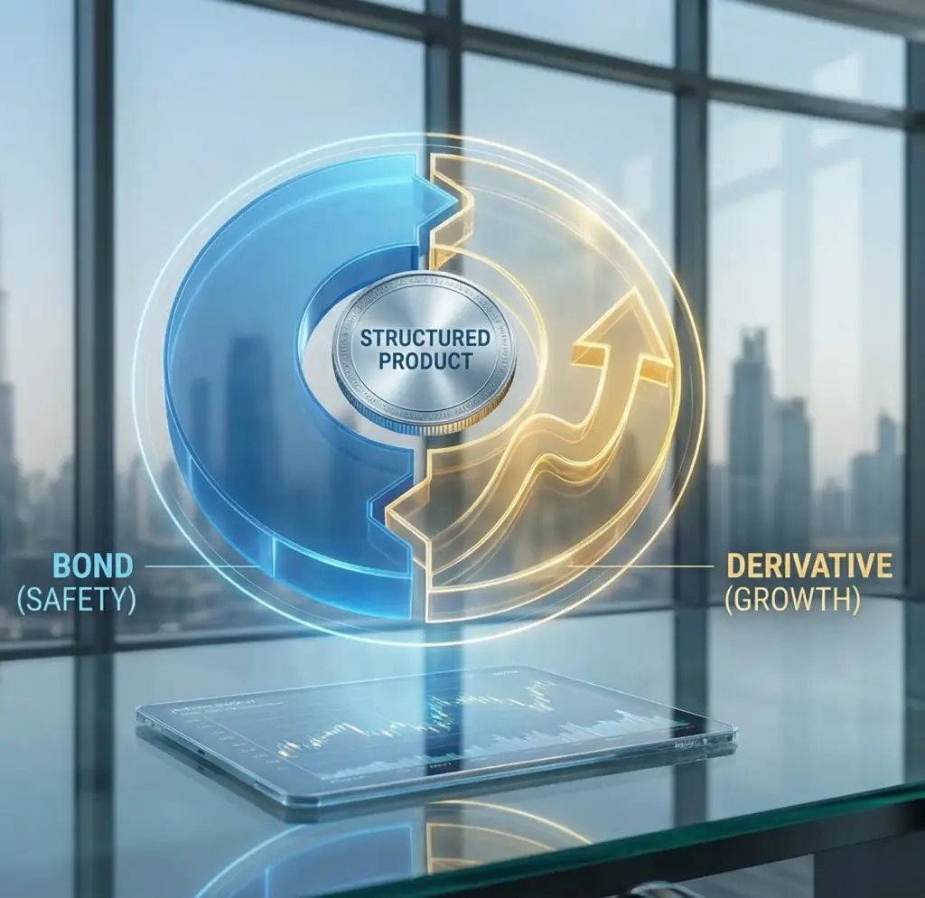 Holographic diagram of a structured product investment, showing 'Bond (Safety)' and 'Derivative (Growth)' components, floating above a tablet in a Dubai office with the Burj Khalifa in the background