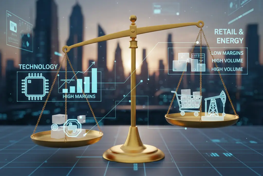 A golden balance scale comparing business models. The left side is labeled "Technology" with a microchip icon and a graph showing "High Margins." The right side, labeled "Retail & Energy," is weighed down by a shopping cart and oil pump, with text indicating "Low Margins" and "High Volume."