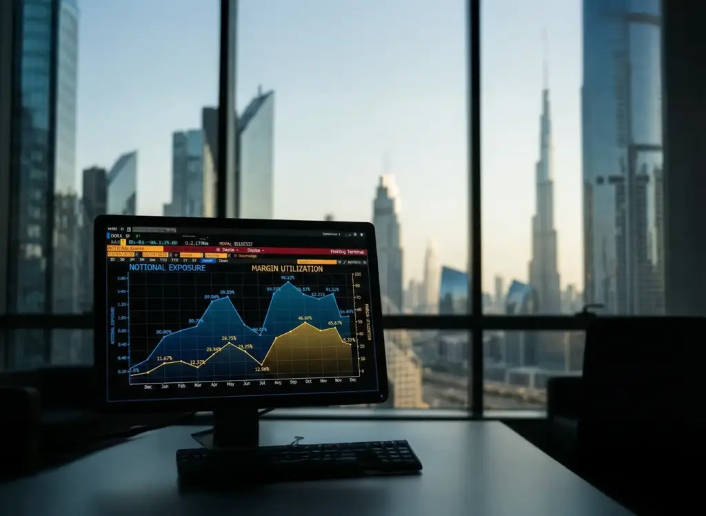 Digital trading screen displaying Notional Exposure and Margin Utilization graphs set against a blurred Dubai office skyline.