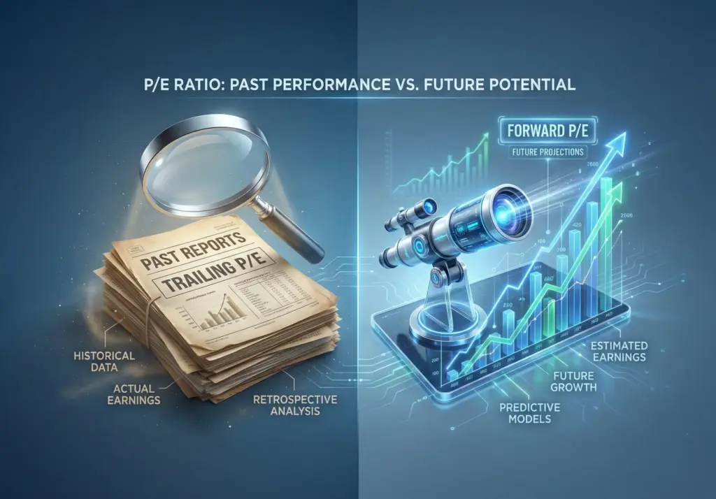A split-screen 3D infographic titled "P/E RATIO: PAST PERFORMANCE VS. FUTURE POTENTIAL". The left side, labeled "TRAILING P/E", shows a magnifying glass over old "PAST REPORTS". The right side, labeled "FORWARD P/E", shows a futuristic telescope pointing at a rising graph with "FUTURE PROJECTIONS". The image contrasts historical data with future growth estimates