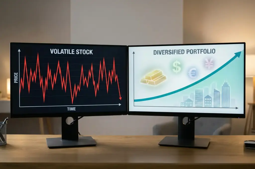 Two computer monitors side-by-side on a wooden desk. The left monitor displays a red, jagged "VOLATILE STOCK" chart showing sharp price fluctuations over time. The right monitor shows a smooth, upward-trending turquoise line for a "DIVERSIFIED PORTFOLIO," accompanied by glowing icons of gold bars, dollar, euro, and yen currency symbols, and city buildings.