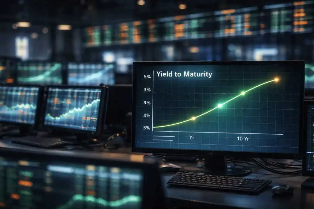 Photorealistic wide shot of a modern trading floor with glowing monitors displaying a green yield to maturity curve and real-time financial data.