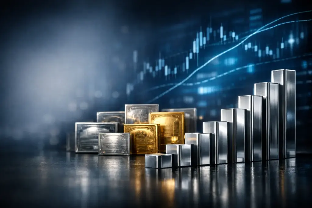 Hyper-realistic cinematic financial scene showing metallic yield curve and government bonds with stock market data in background