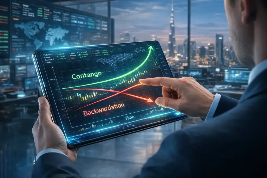 Executive reviewing holographic futures price curves labeled contango and backwardation in modern office environment.