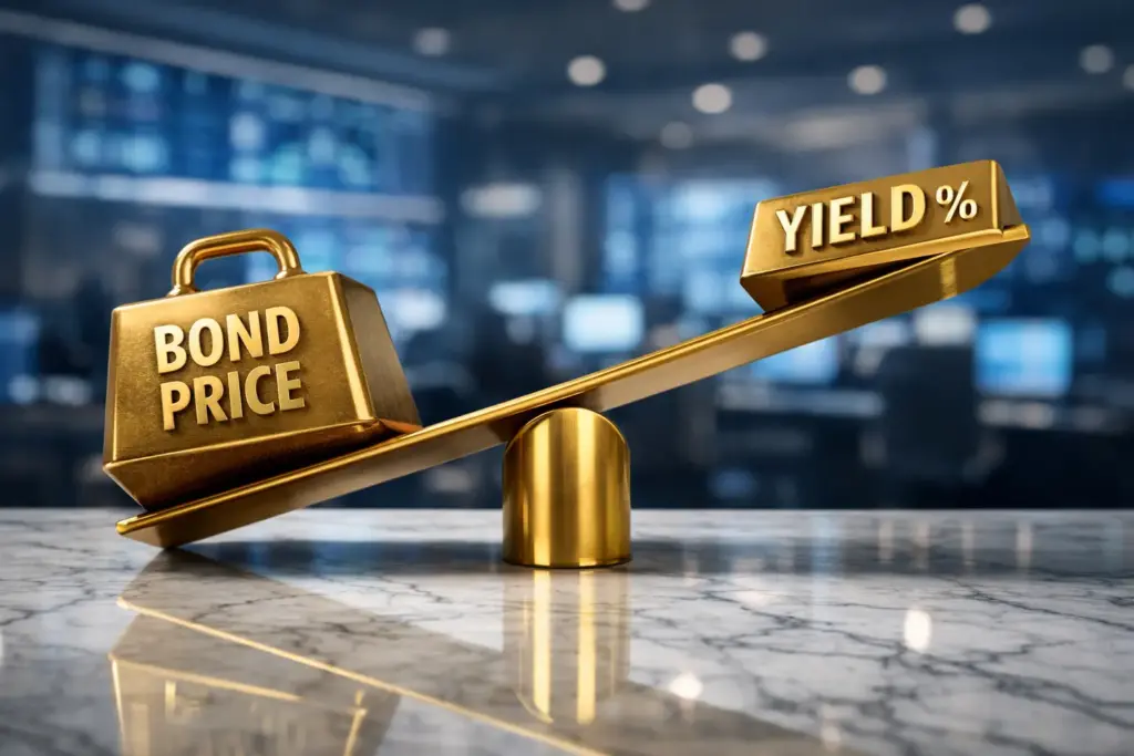 Hyper-realistic 3D rendering of a golden seesaw on polished marble, with "Bond Price" weighing down one side and "Yield %" lifted on the other, financial trading floor background