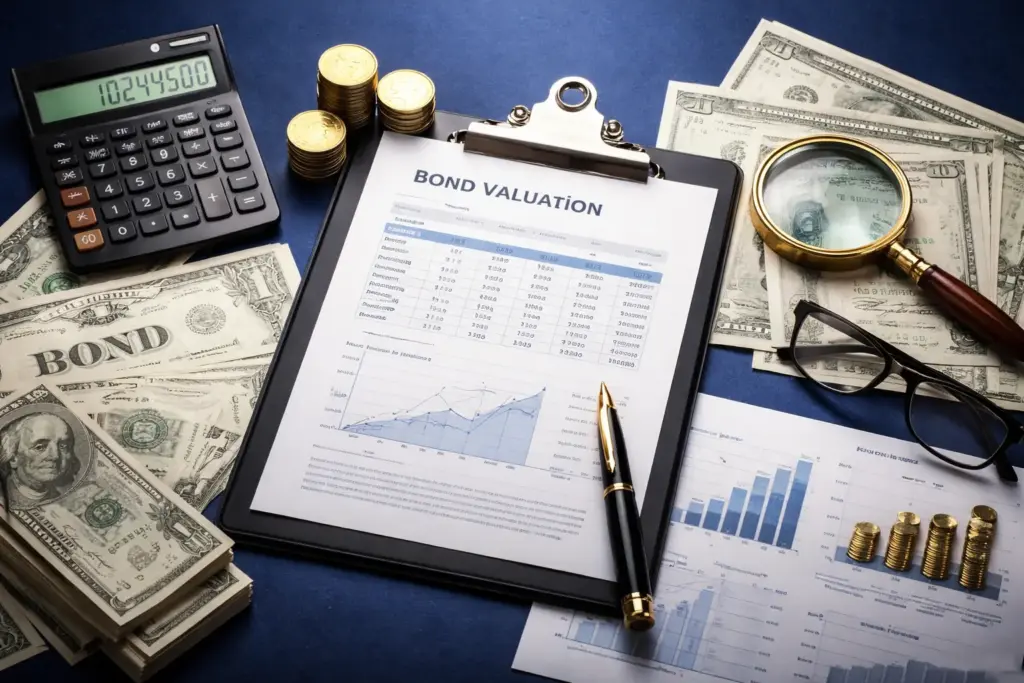 Hyper-realistic bond valuation concept showing financial documents, calculator, magnifying glass, cash flows, and present value analysis on a dark royal blue background.