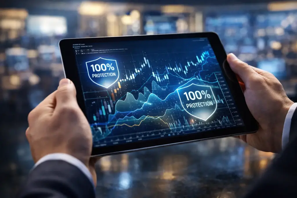 Professional holding a digital tablet displaying financial charts with 100 percent capital protection labels in a modern trading floor environment.