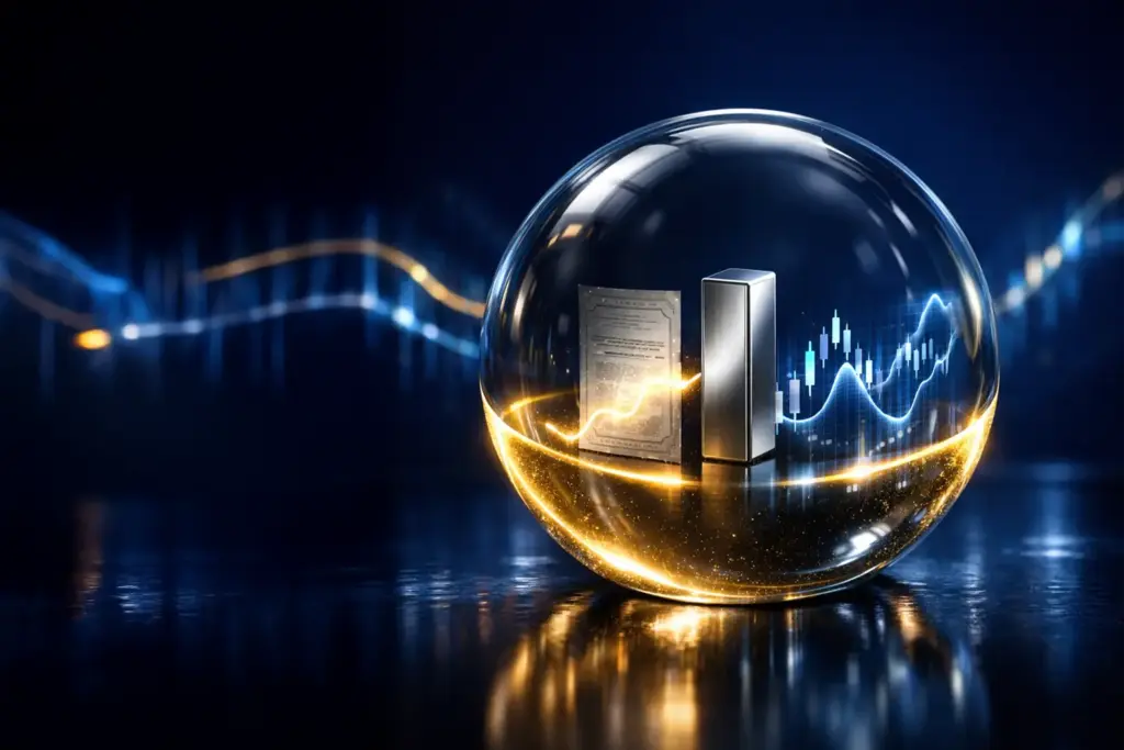 Ultra realistic illustration of a capital protected structured note concept with zero coupon bond and options strategy inside a glowing protective sphere on dark royal blue background.