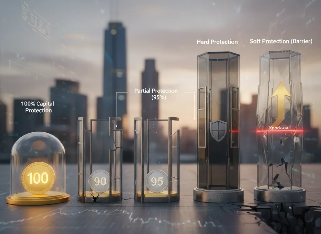 A hyper-realistic 3D conceptual visualization of capital protection levels, showing gold and silver coins shielded by glass domes and reinforced barriers against a blurred financial district background.