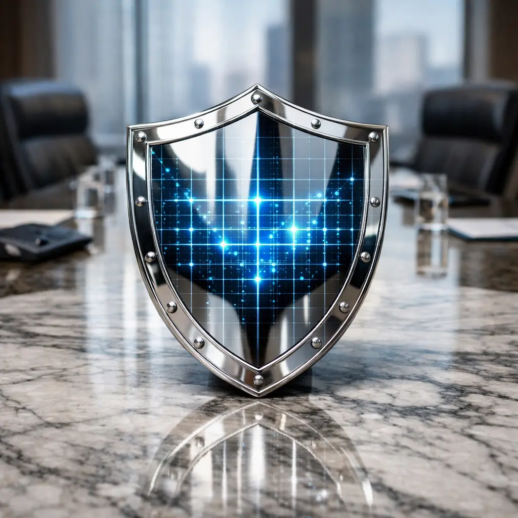 Polished chrome shield with a glowing digital grid overlay on a marble boardroom table, symbolizing protection and risk mitigation