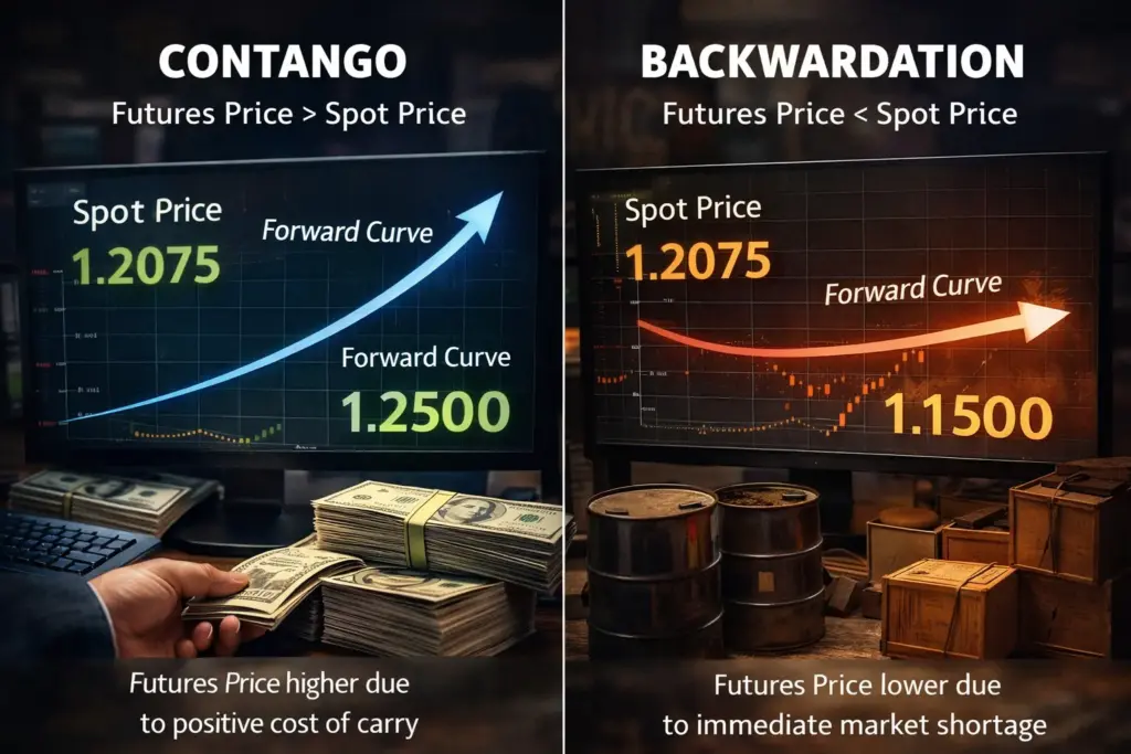 Hyper-realistic illustration of contango and backwardation showing forward curve comparison where futures price is higher or lower than spot price in financial markets.