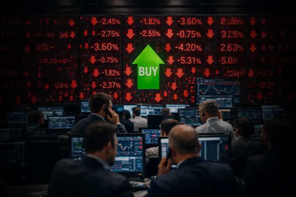Professional trading floor with a bright green 'Buy' arrow rising amidst red downward stock tickers, illustrating a contrarian trading strategy
