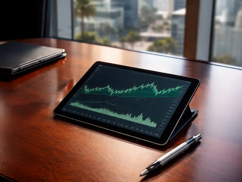 Ultra-realistic high-angle view of a DIFC office desk with a tablet showing a green financial line graph, metal pen, and glass of water.