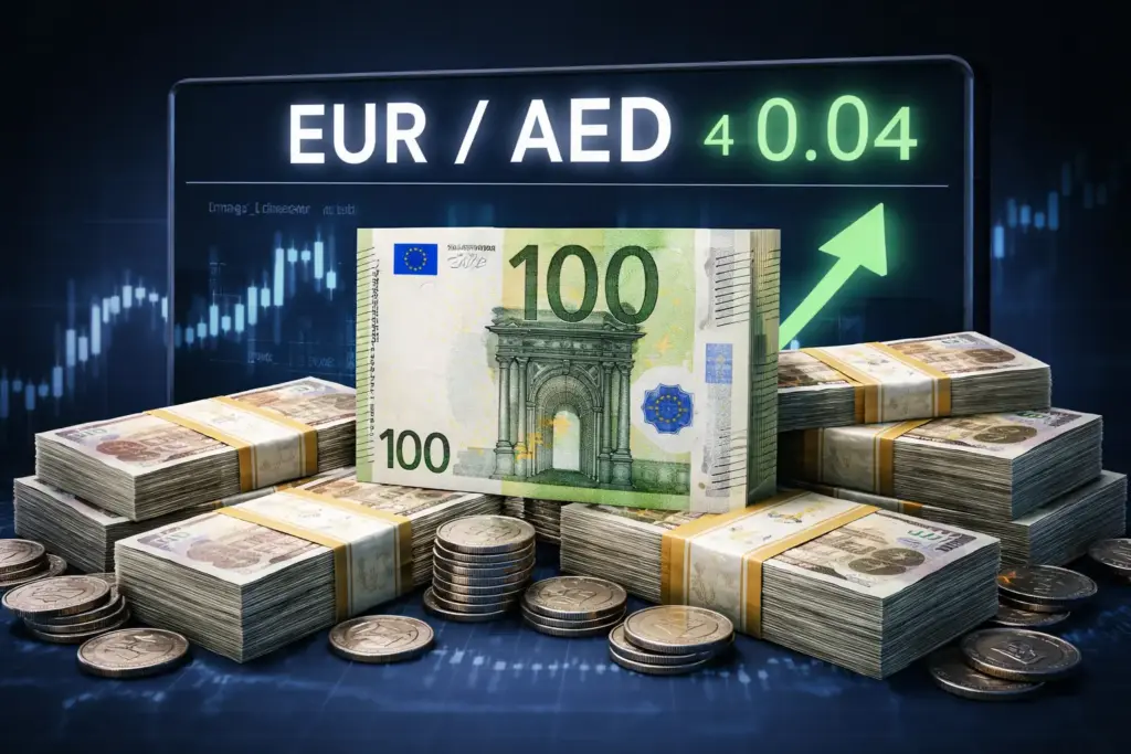 Hyper realistic illustration of EUR/AED direct quote showing one Euro against UAE Dirham with rising exchange rate chart on dark royal blue background.