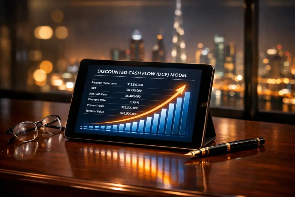 High-end tablet displaying a Discounted Cash Flow (DCF) financial model with upward trending bar chart on a mahogany boardroom table, Dubai skyline in background
