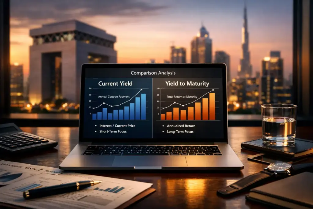 Ultra-realistic Dubai office desk with laptop showing Current Yield vs Yield to Maturity chart at sunset