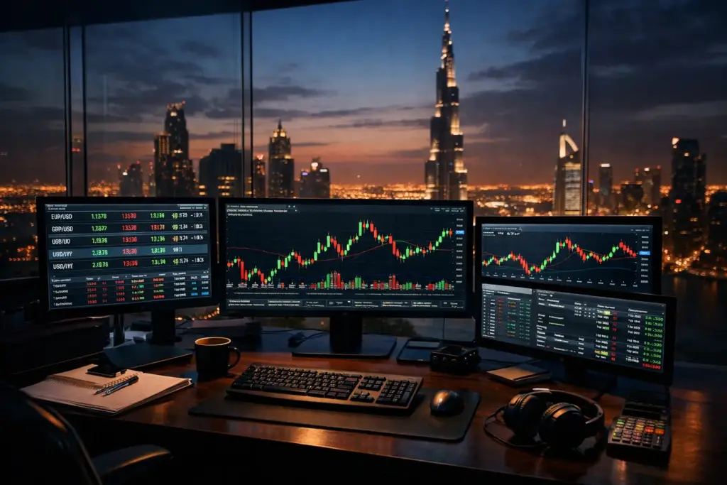 Professional trading desk with multiple monitors showing forex candlestick charts inside a glass-walled office overlooking the Dubai skyline at dusk