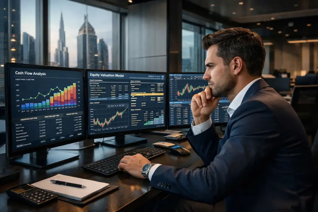 Financial analyst in Dubai DIFC office reviewing cash flow charts, stock valuation models, and real-time market data on multiple monitors.