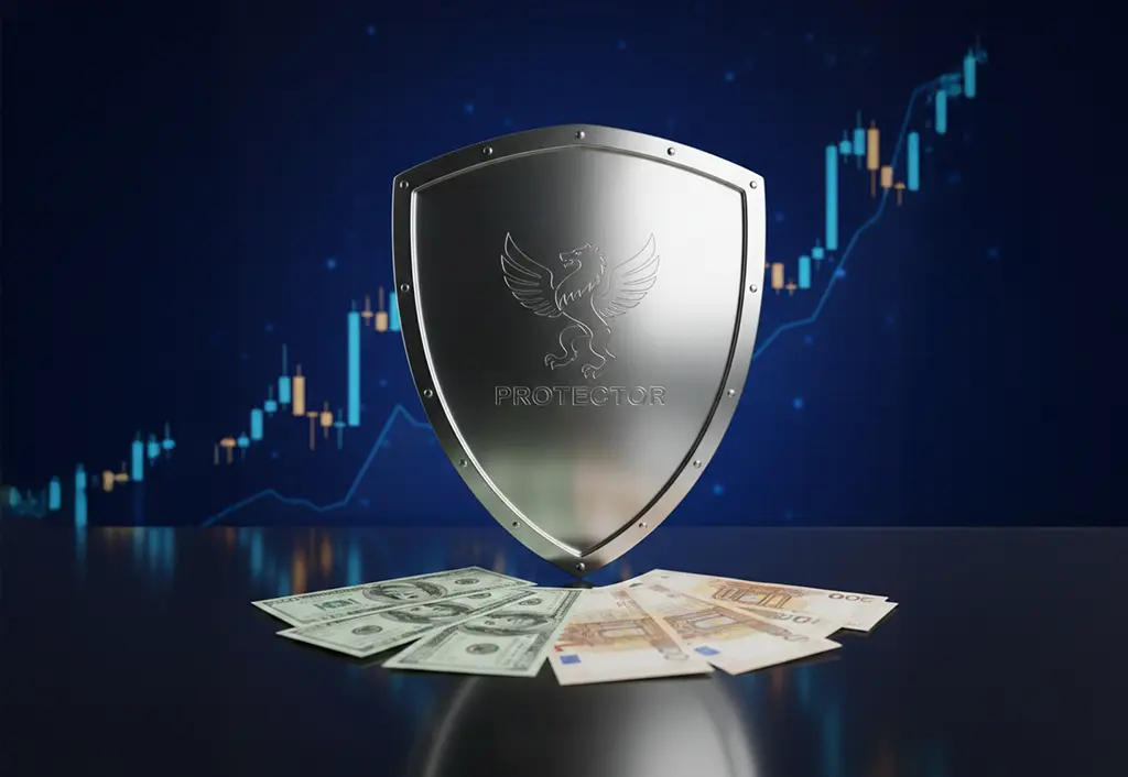 A polished silver metallic shield standing in front of USD, EUR, and AED banknotes against a dark blue stock market candlestick chart background, symbolizing financial protection and hedging.