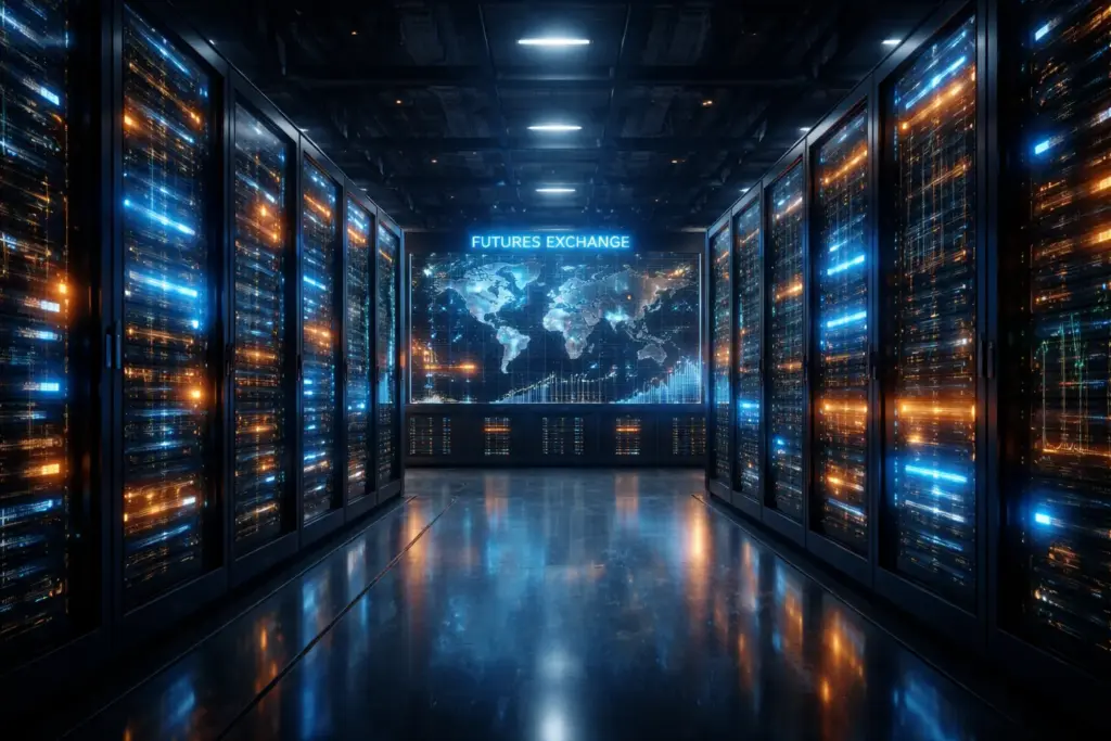 Ultrarealistic wide-angle view of a modern financial data center with blue and amber server racks representing global futures exchange infrastructure