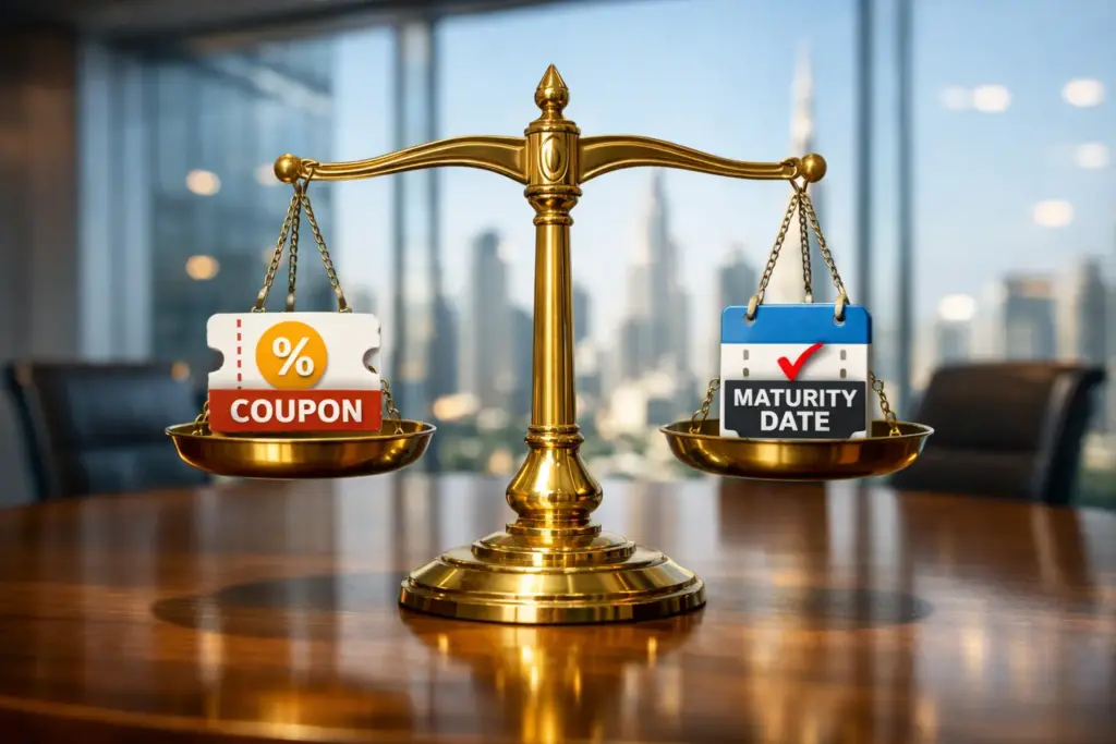 Ultra-realistic image of a golden balance scale weighing coupon payments against maturity date in a modern glass-walled DIFC boardroom