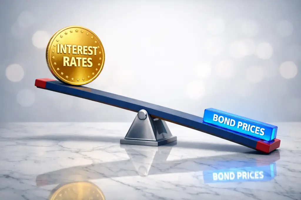 3D illustration showing interest rates rising while bond prices fall on a seesaw, symbolizing the inverse relationship between interest rates and bonds