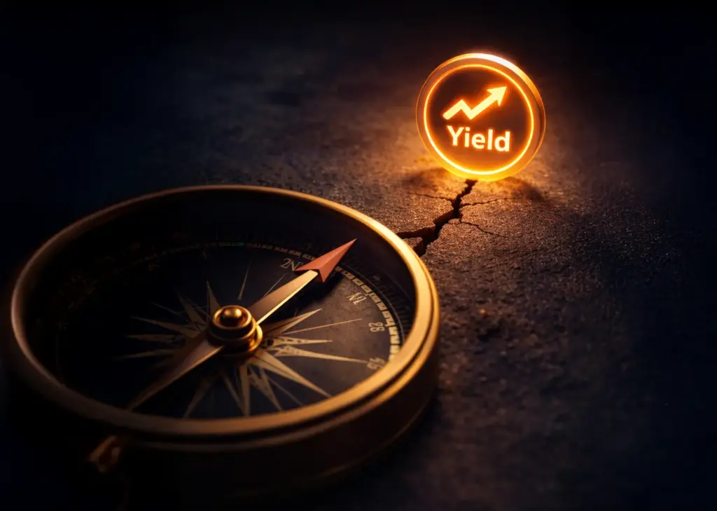 Golden compass pointing toward a glowing yield icon on cracked ground, symbolizing hidden investment risks.