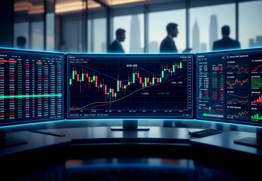 Ultrarealistic cinematic shot of a modern financial trading terminal displaying EUR/USD currency charts in a professional Dubai DIFC brokerage office.