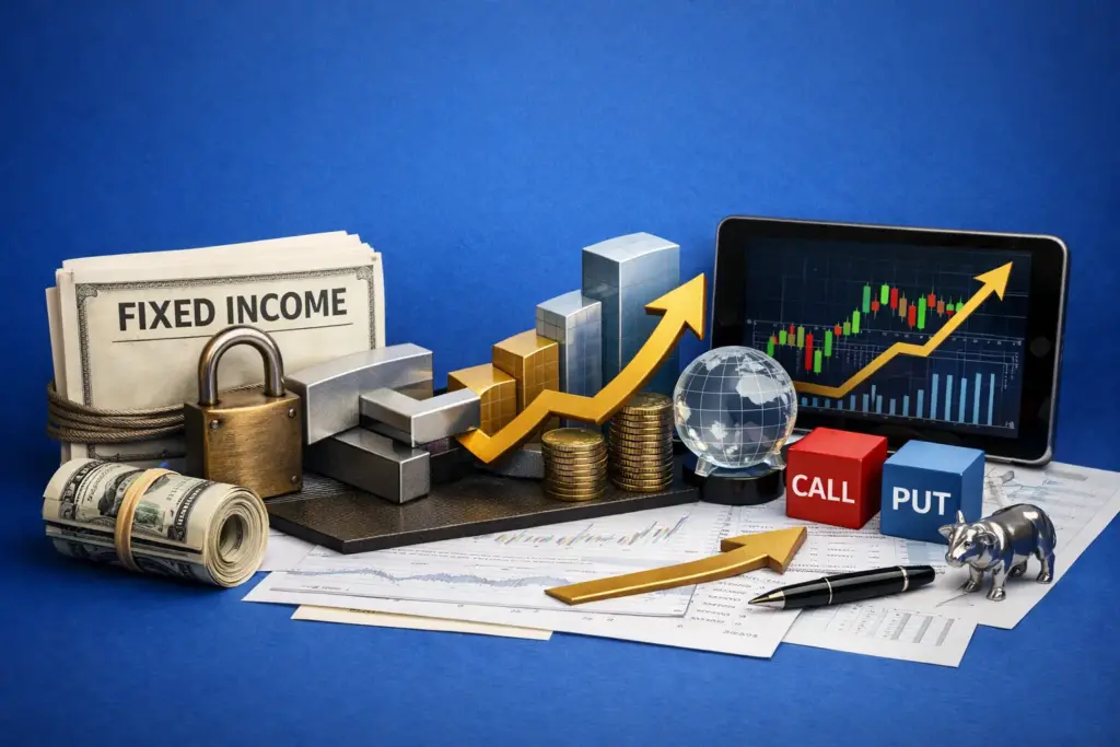 Hyper-realistic financial concept image showing fixed income security secured with a lock alongside derivatives elements like call and put blocks, stock market chart, gold coins, and upward arrow on a royal blue background representing a Partially Capital Protected Note (PCPN).