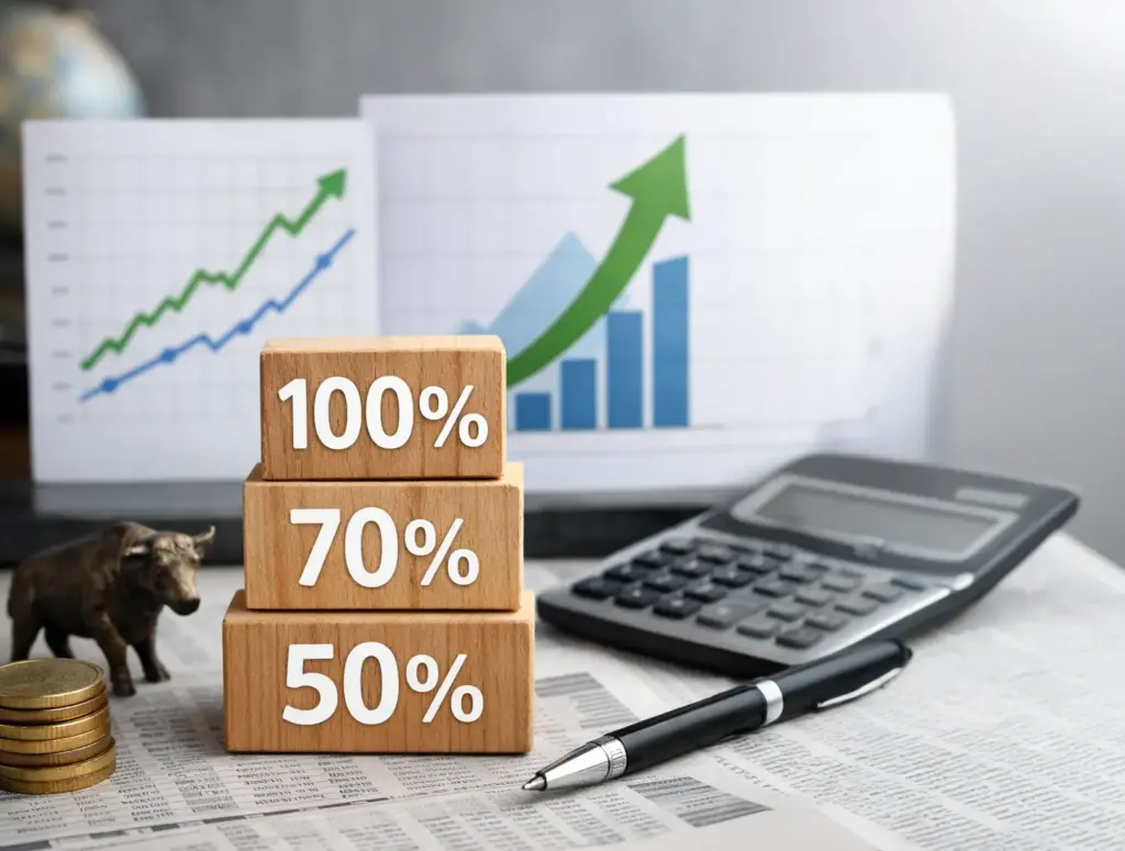 Hyper-realistic visual representing participation rate in structured investments, showing different levels of market upside capture