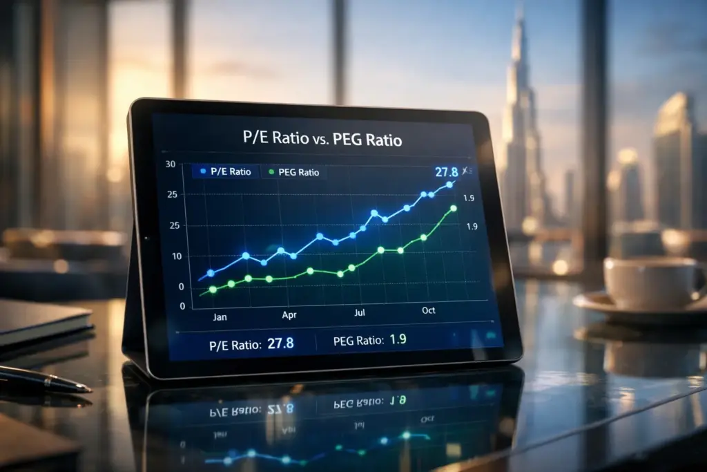 Ultra realistic financial dashboard on tablet showing P/E Ratio vs PEG Ratio growth comparison chart in modern Dubai office with Burj Khalifa in background